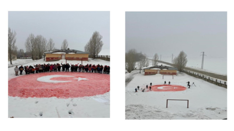 Öğrenciler kar üstüne Türk bayrağı yaptılar